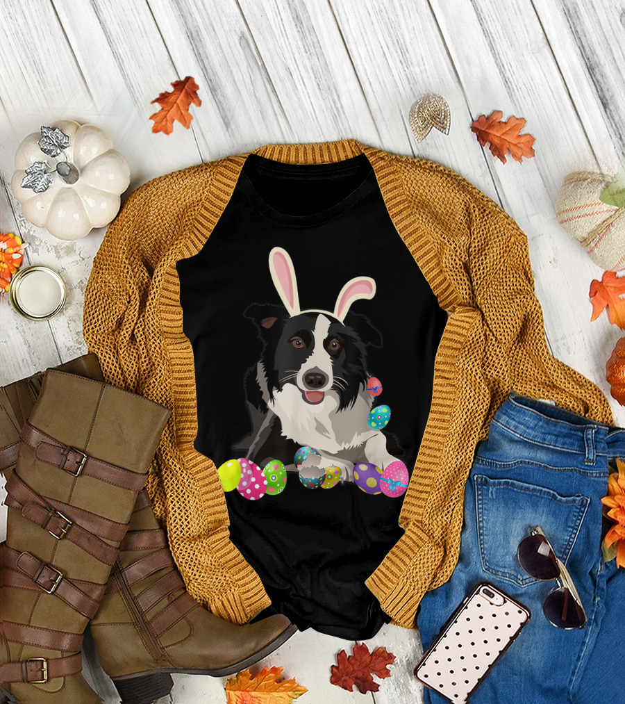 Border Collie Dog in Bunny Rabbit Hat with Colorful Easter Eggs T-Shirt