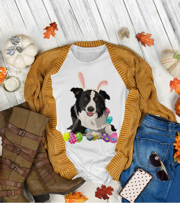 Border Collie Dog In Bunny Rabbit Hat With Colorful Easter Eggs T-Shirt