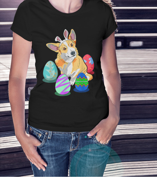 Cute Easter Corgi With Colorful Easter Eggs And Bunny Ears T-Shirt