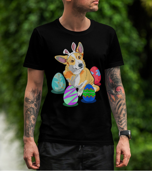 Cute Easter Corgi With Colorful Easter Eggs And Bunny Ears T-Shirt