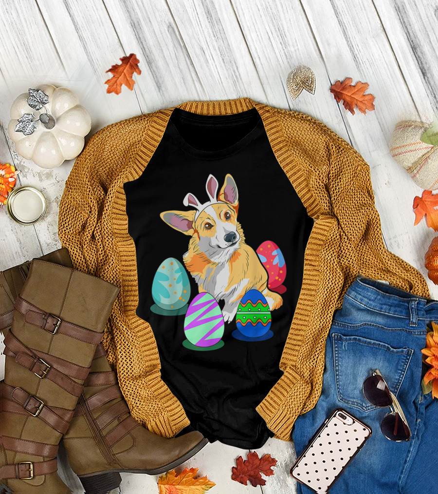 Cute Easter Corgi with Colorful Easter Eggs and Bunny Ears T-Shirt