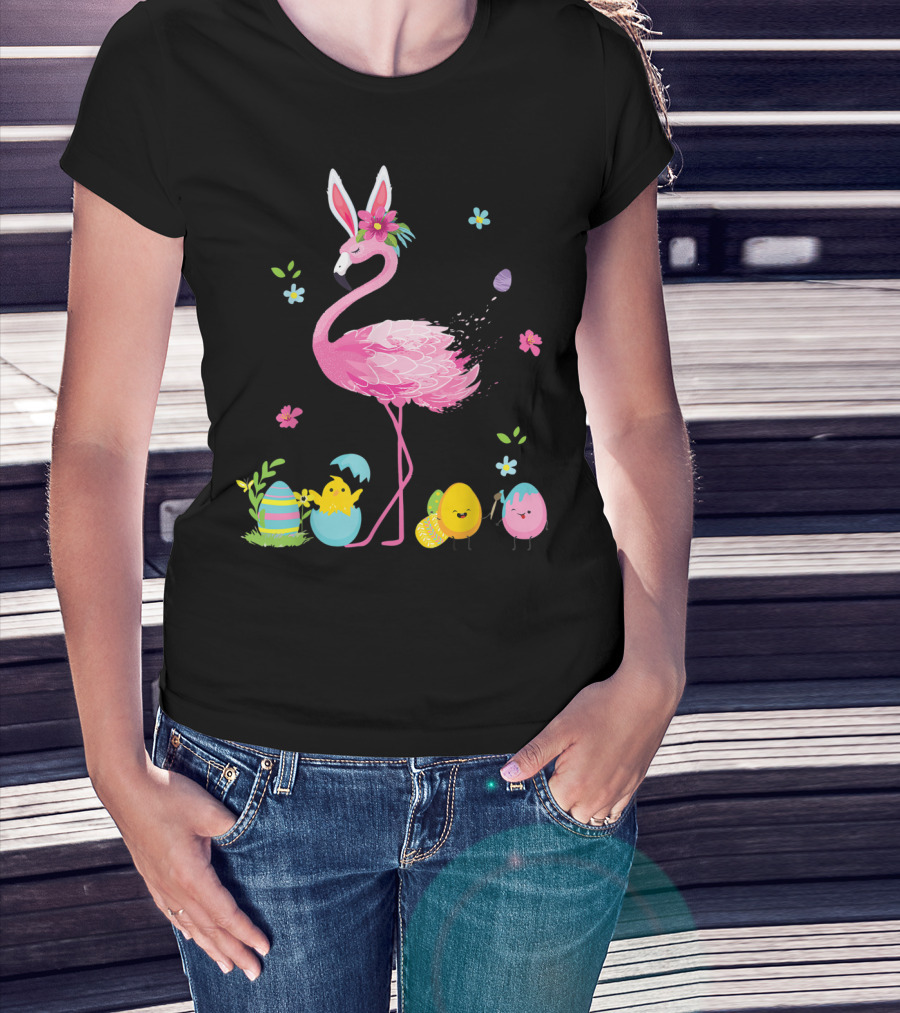 Easter Flamingo With Bunny Ears And Colorful Eggs T-Shirt
