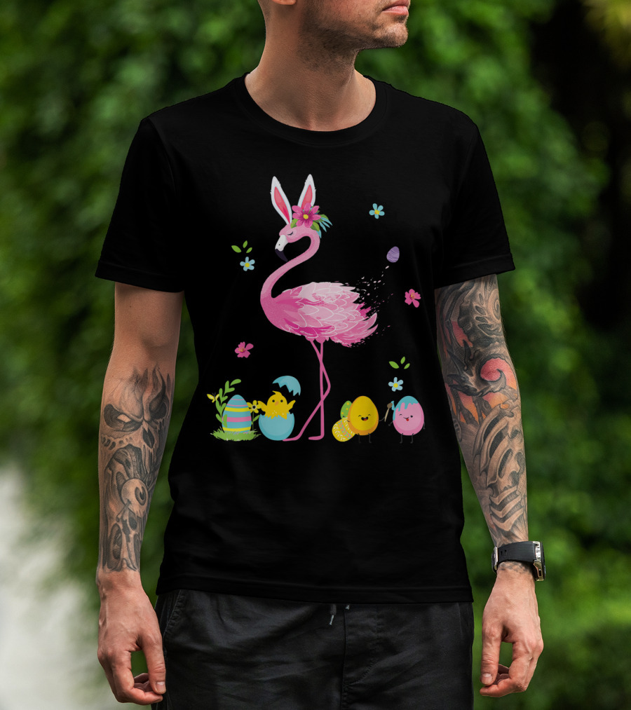 Easter Flamingo With Bunny Ears And Colorful Eggs T-Shirt