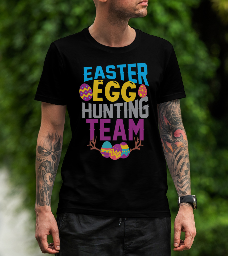 Easter Egg Hunting Team With Colorful Eggs And Antlers T-Shirt