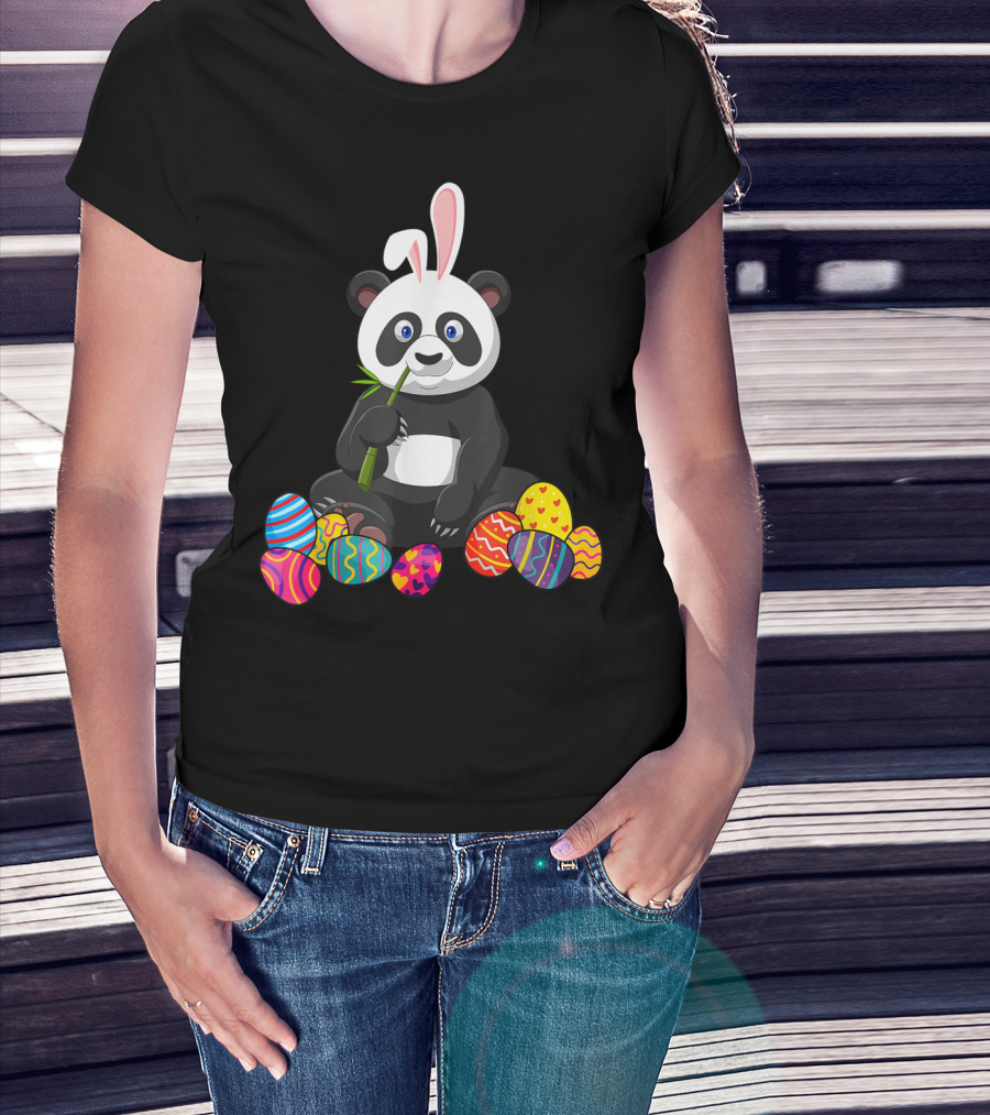 Panda Bunny Ear Eating Bamboo With Colorful Easter Eggs T-Shirt