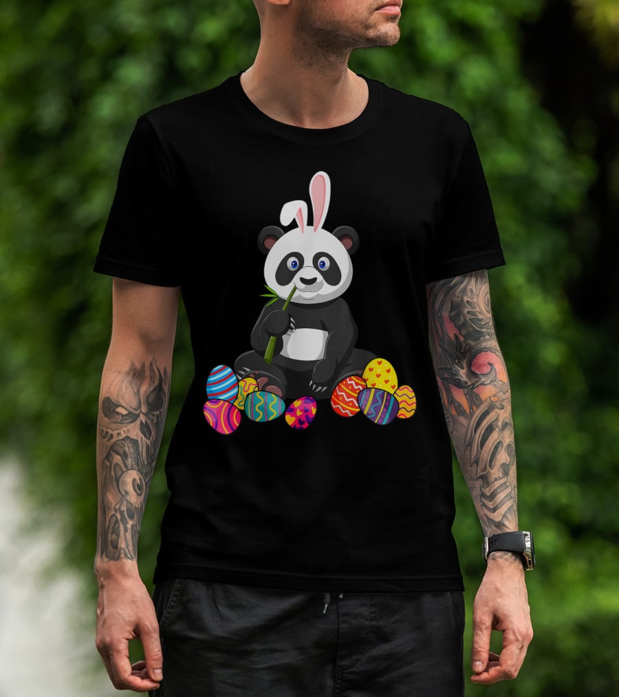 Panda Bunny Ear Eating Bamboo With Colorful Easter Eggs T-Shirt