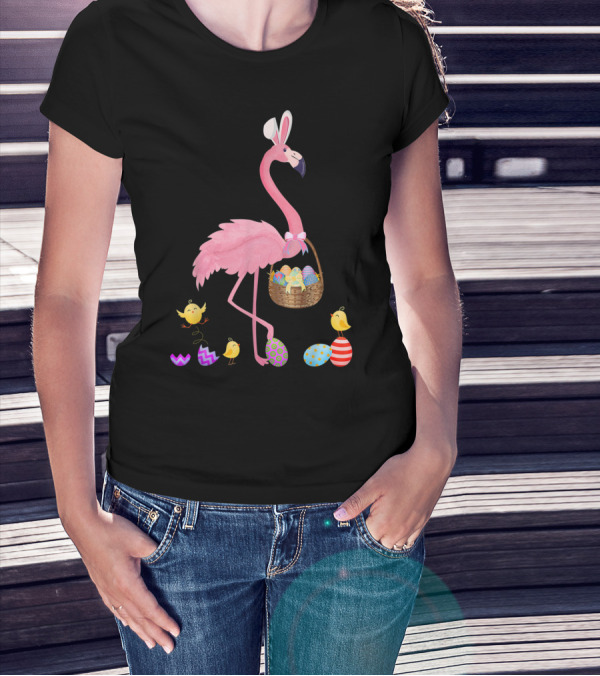 Pretty Easter Flamingo With Basket And Colorful Eggs T-Shirt