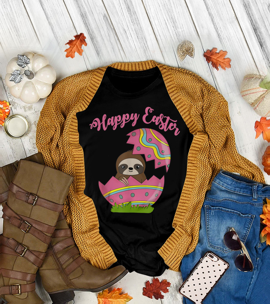 Happy Easter Sloth in Colorful Easter Egg T-Shirt