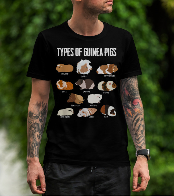 Types Of Guinea Pigs Crested Sheba Abyssinian Texel Skinny Teddy Peruvian Merino Himalayan Silkie Rex T-Shirt