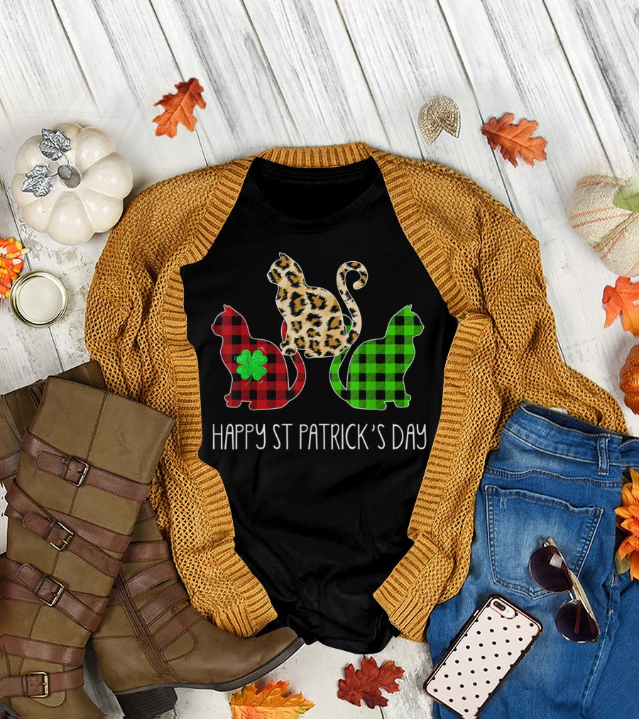 Happy St Patrick’s Day Leopard Buffalo Plaid Cat Trio T-Shirt