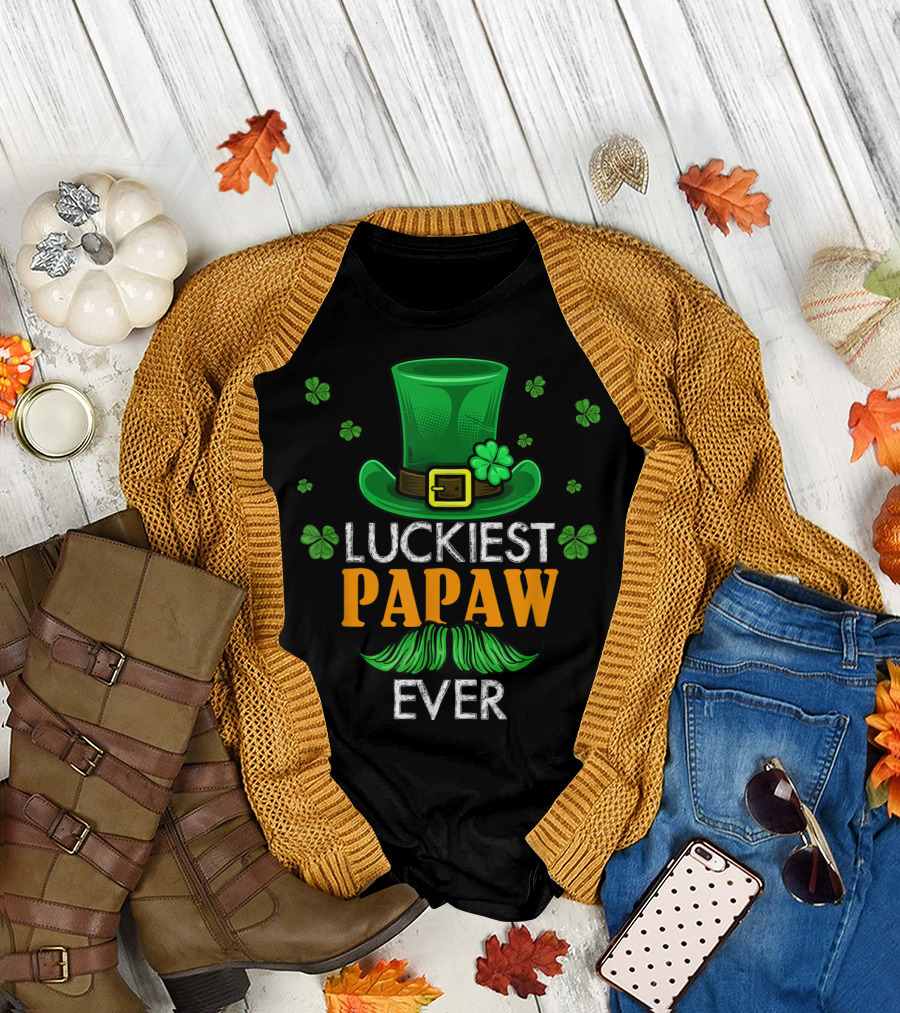 Luckiest Papaw Ever Green Leprechaun Hat Shamrocks T-Shirt