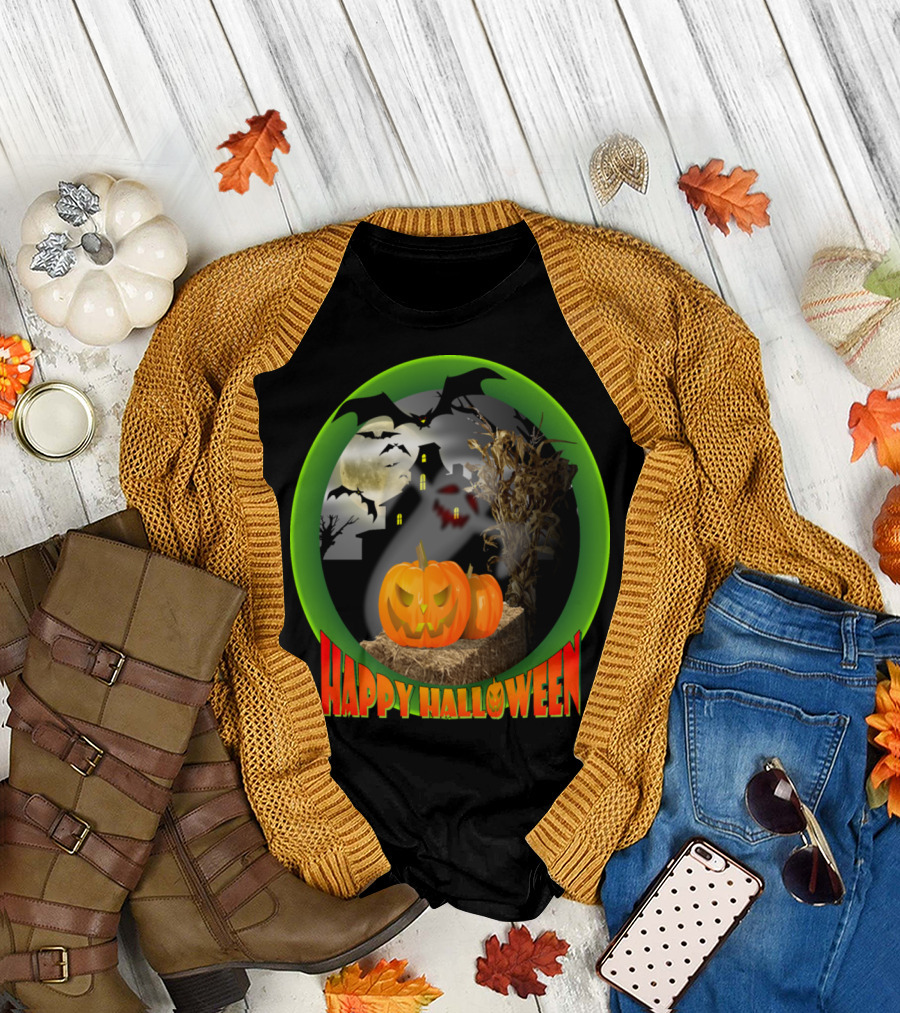 Happy Halloween Ghost Pumpkin House Bat Full Moon Scene T-Shirt