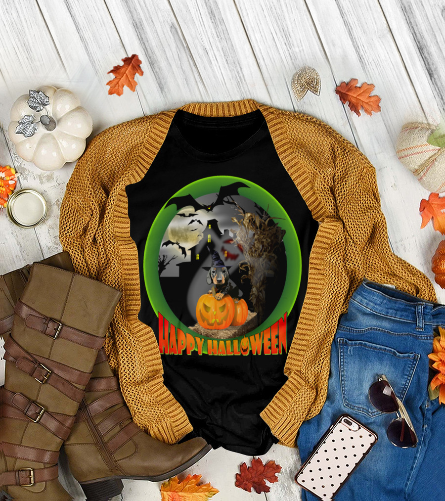 Happy Halloween Dachshund Puppy with Pumpkin and Haunted House Moon Ghost Bats T-Shirt