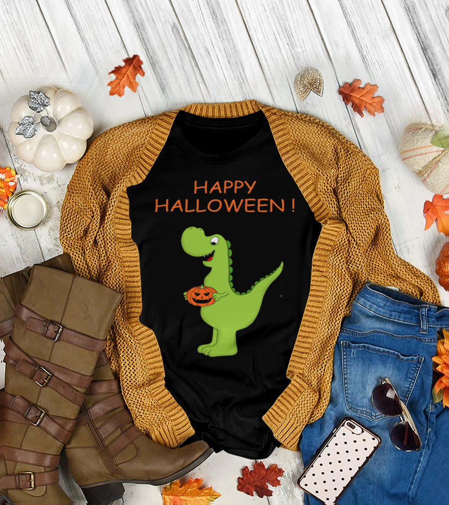 Happy Halloween Dinosaur with Pumpkin and Spider T-Shirt