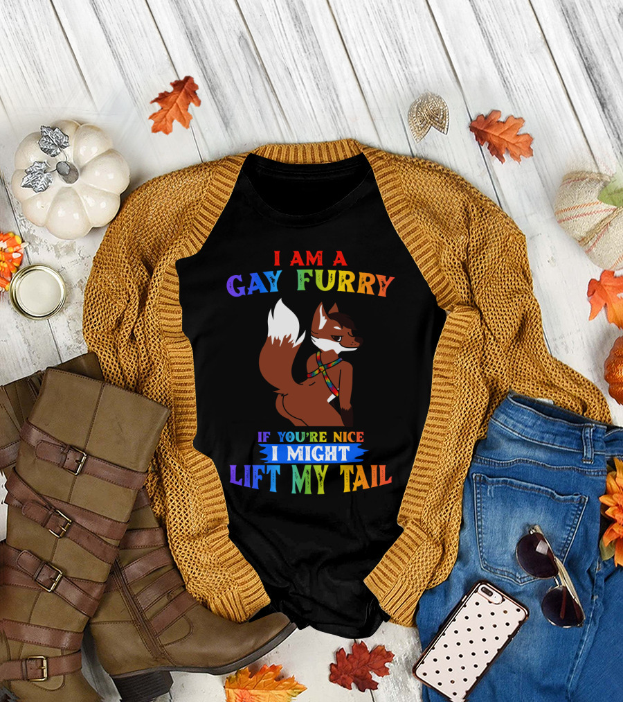 I Am a Gay Furry If You're Nice I Might Lift My Tail Rainbow Colors with Fox Character T-Shirt