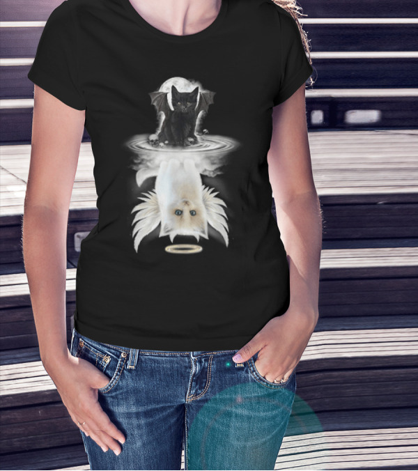 Black Cat Devil With Wings White Cat Angel With Halo Reflection Moon Skulls T-Shirt
