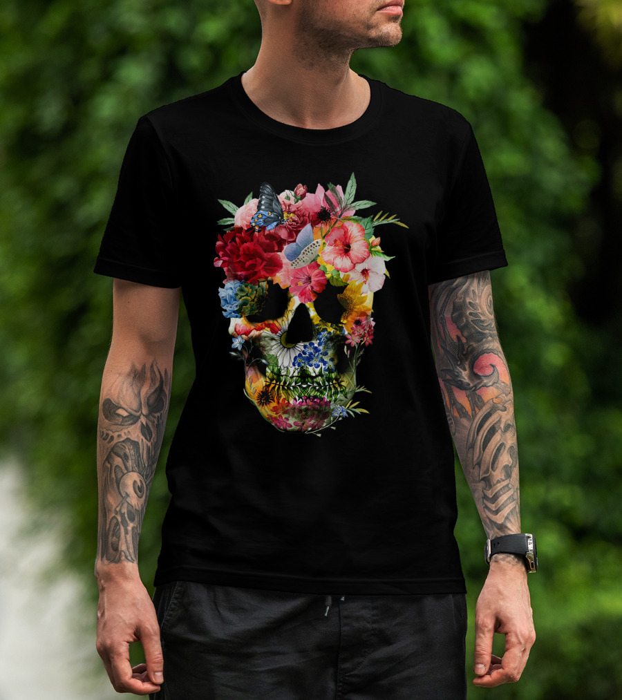 Floral Sugar Skull Butterfly Garden Bouquet T-Shirt