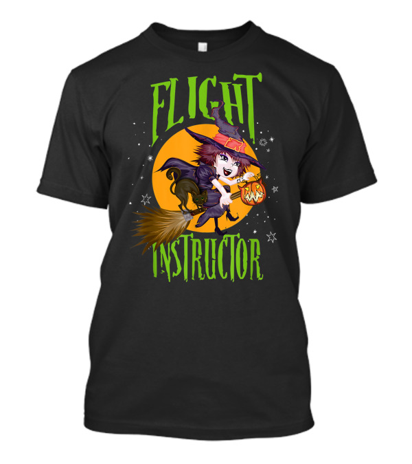 Flight Instructor Witch Broomstick Halloween Cat And Pumpkin Magic Stars T-Shirt