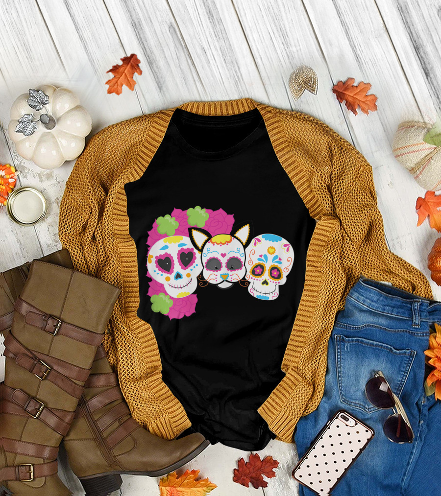 Sugar Skull Cat With Flowers Day Of Dead Floral Skulls T-Shirt