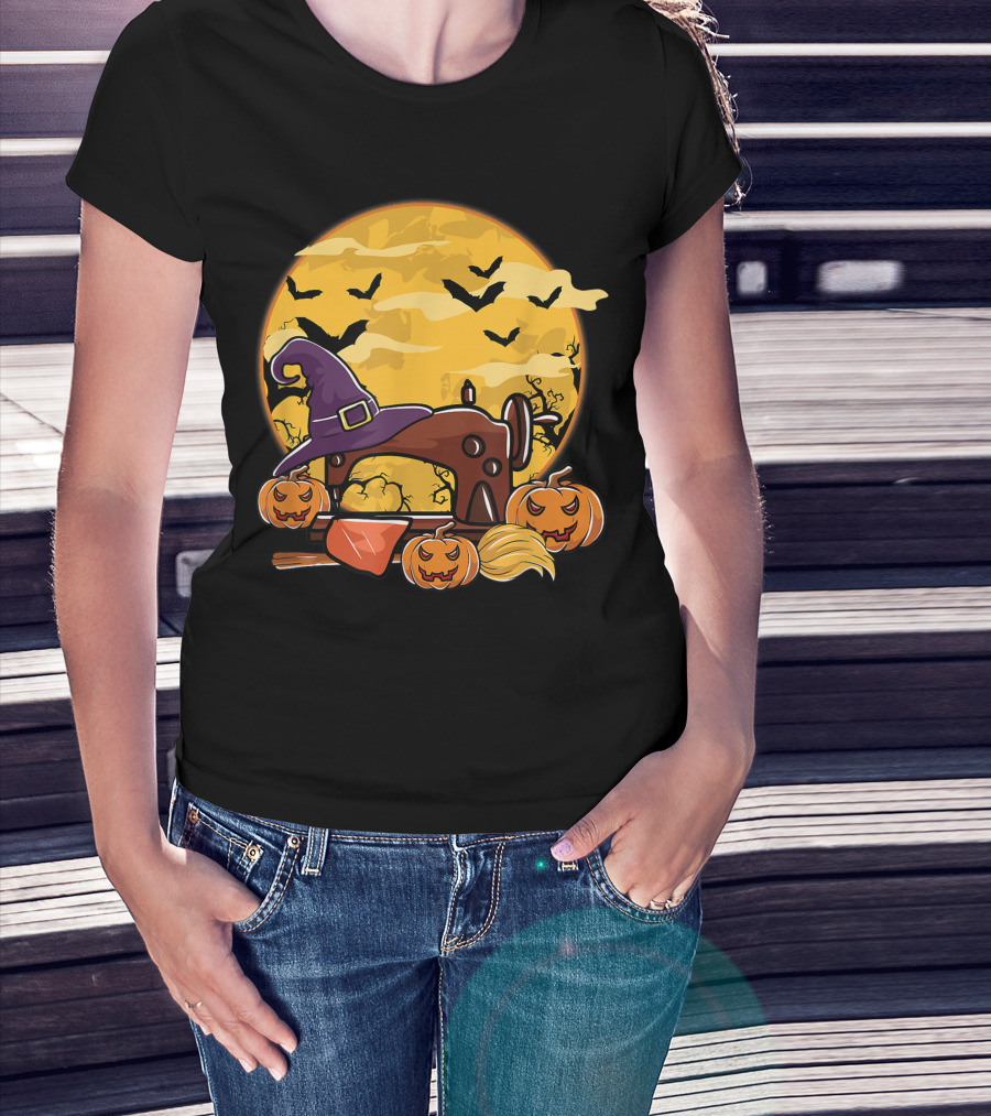 Spooky Sewing Machine With Halloween Pumpkins And Witch Hat In Full Moon Bat Swarm T-Shirt
