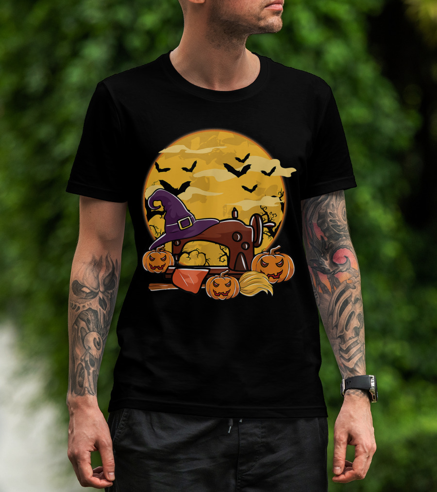 Spooky Sewing Machine With Halloween Pumpkins And Witch Hat In Full Moon Bat Swarm T-Shirt
