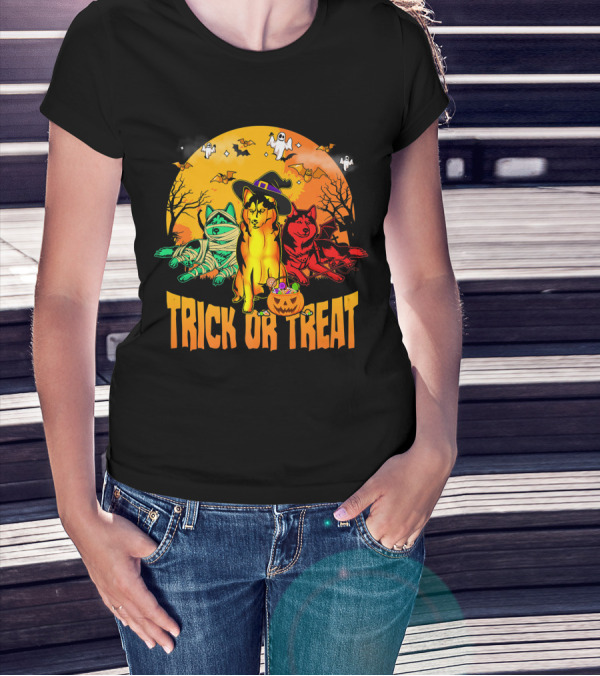 Trick Or Treat Siberian Husky Halloween Ghosts Pumpkins And Bats T-Shirt