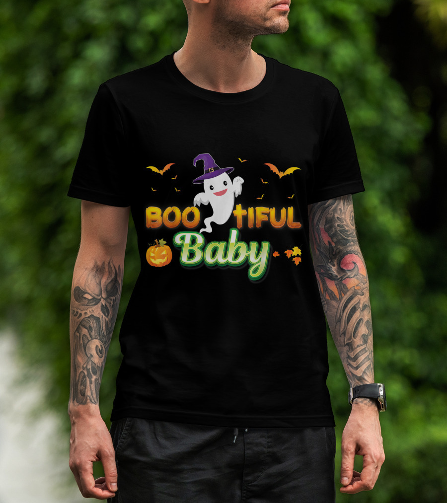 Bootiful Baby Cute Boo Ghost With Witch Hat And Pumpkin T-Shirt