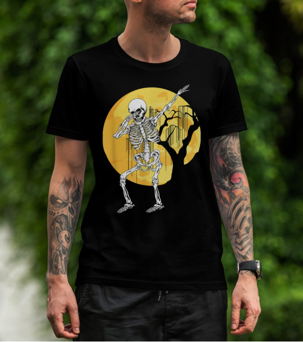 Dabbing Skeleton In Front Of Yellow Moon With Tree T-Shirt