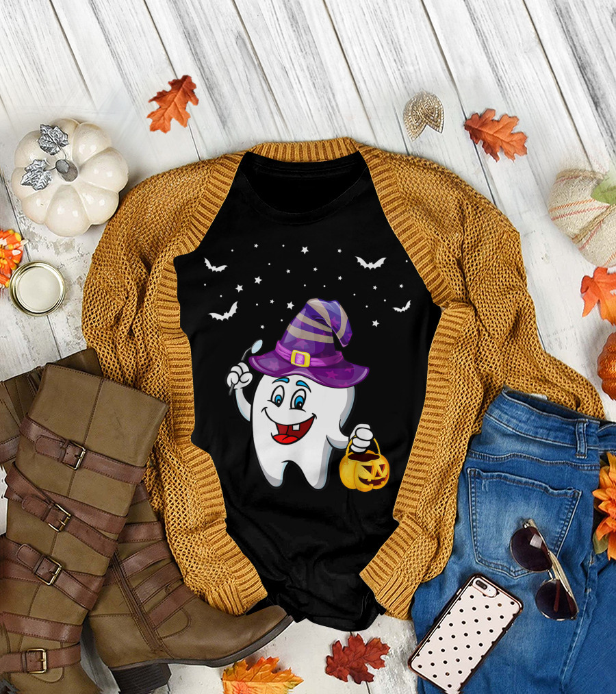 Dentist Halloween Tooth Witch Hat Pumpkin Dental Hygienist Dental Assistant T-Shirt
