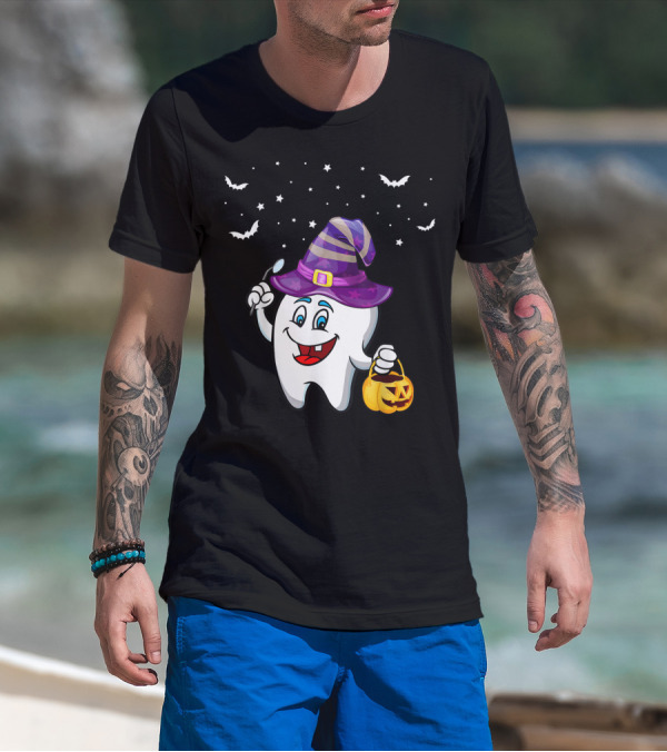 Dentist Halloween Tooth Witch Hat Pumpkin Dental Hygienist Dental Assistant T-Shirt