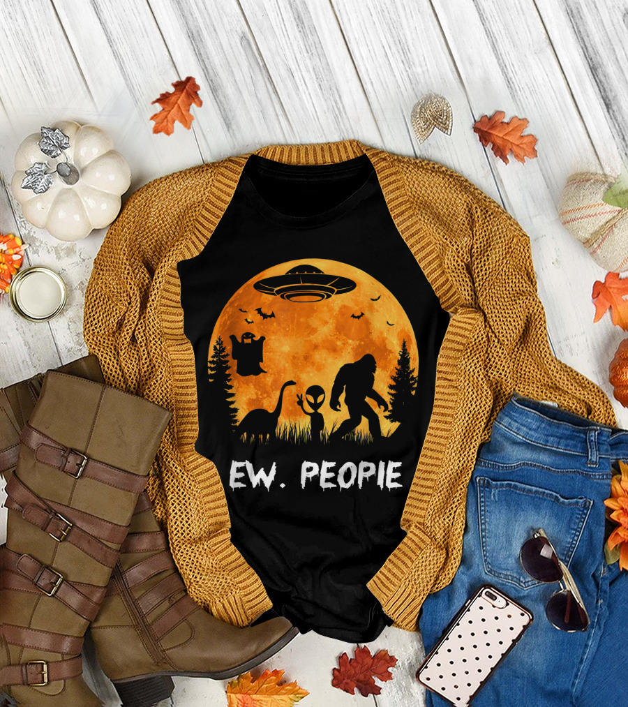 Ew People Halloween Bigfoot Dinosaur Alien UFO Ghost Moon T-Shirt