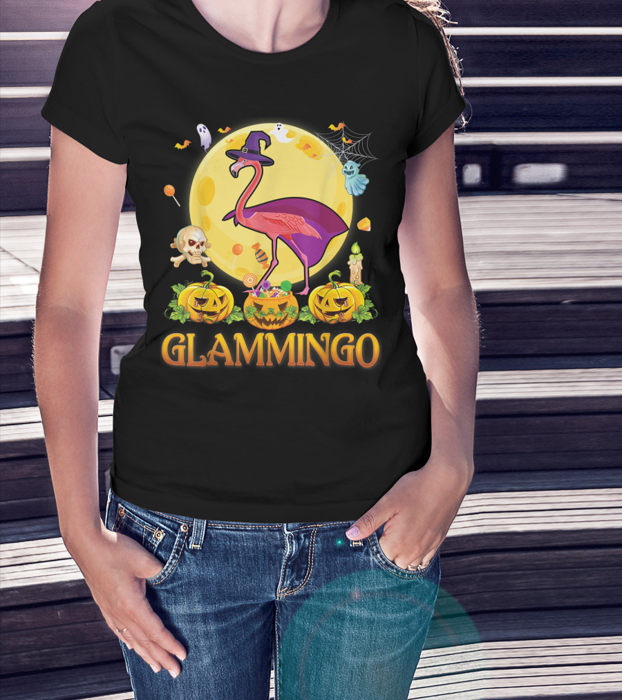 Glammingo Witch Flamingo Halloween Pumpkin Moon Ghosts Skulls Candy T-Shirt