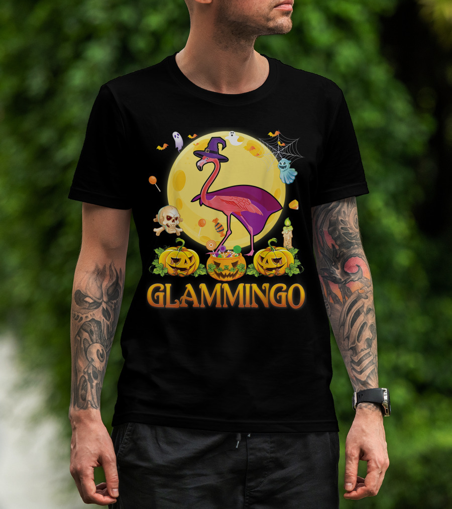 Glammingo Witch Flamingo Halloween Pumpkin Moon Ghosts Skulls Candy T-Shirt