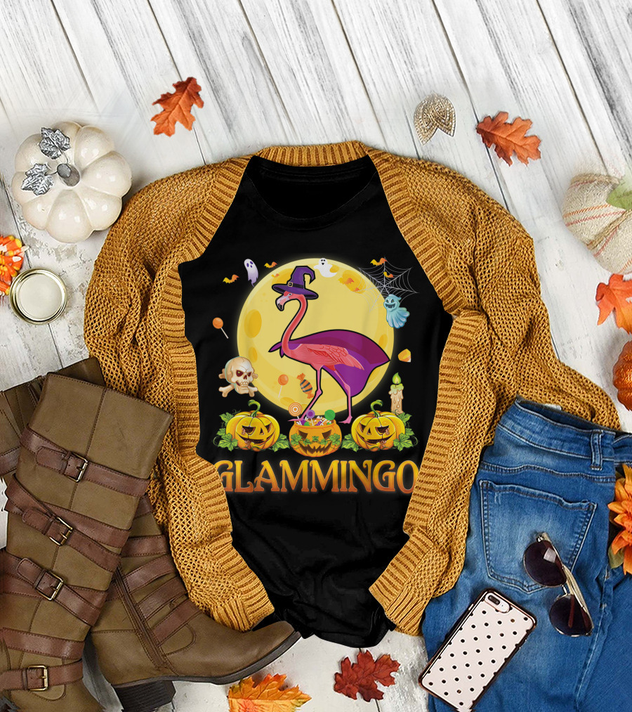 Glammingo Witch Flamingo Halloween Pumpkin Moon Ghosts Skulls Candy T-Shirt