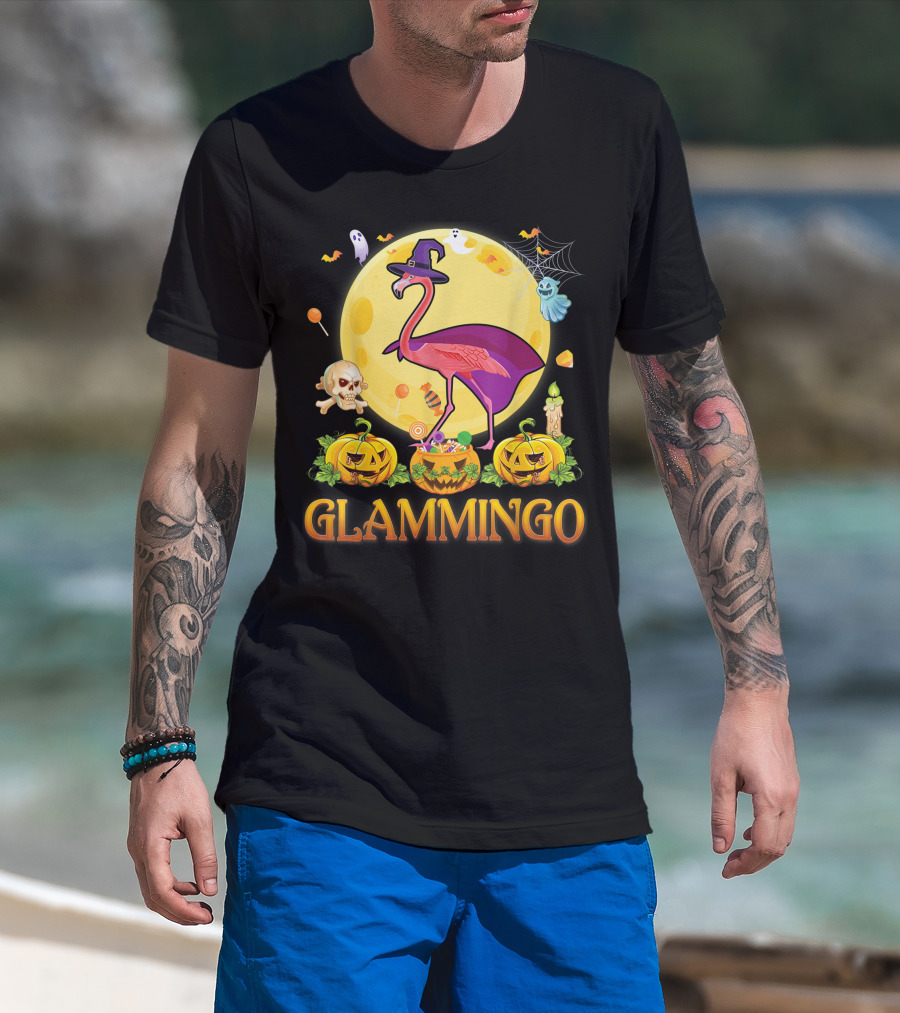 Glammingo Witch Flamingo Halloween Pumpkin Moon Ghosts Skulls Candy T-Shirt