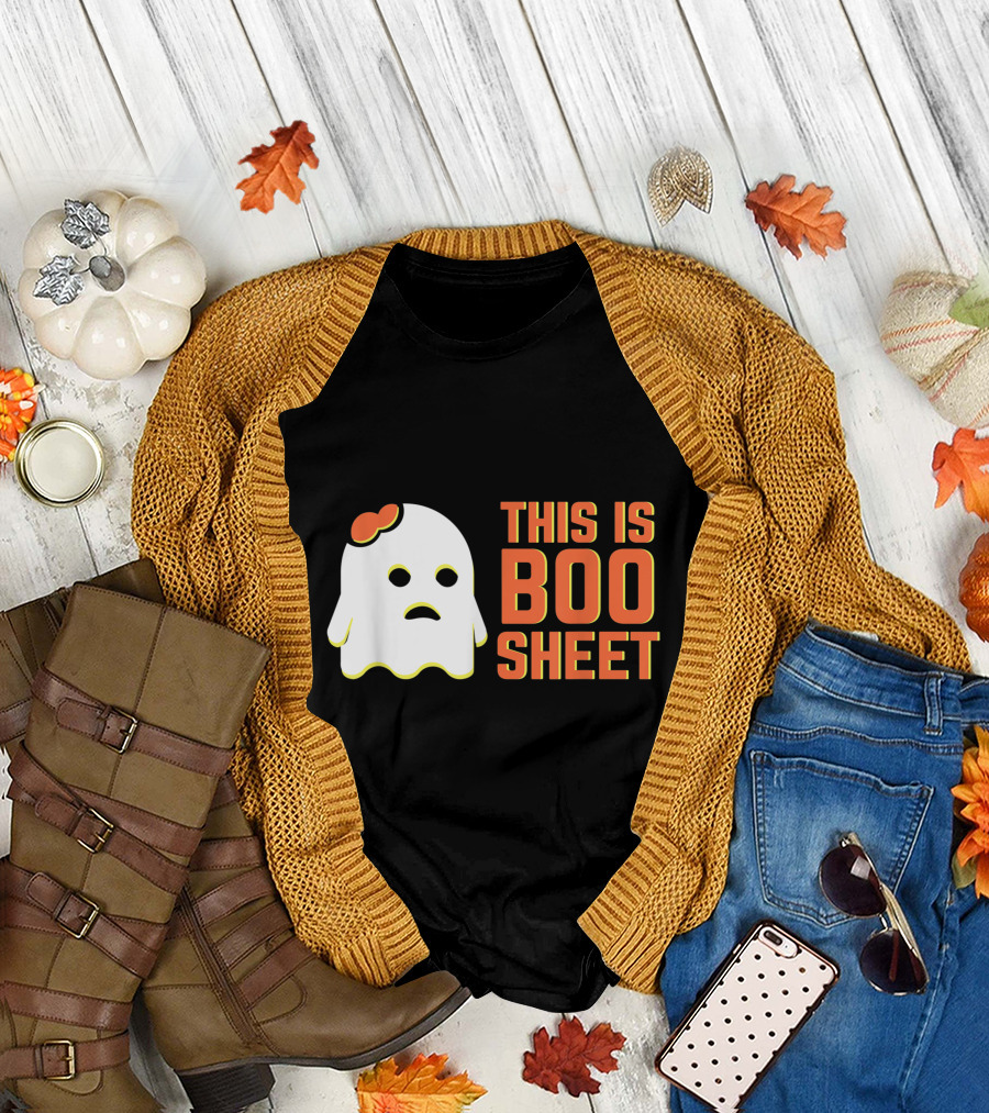 Halloween Ghost This Is Boo Sheet Graphic with Cute Bow Accent T-Shirt