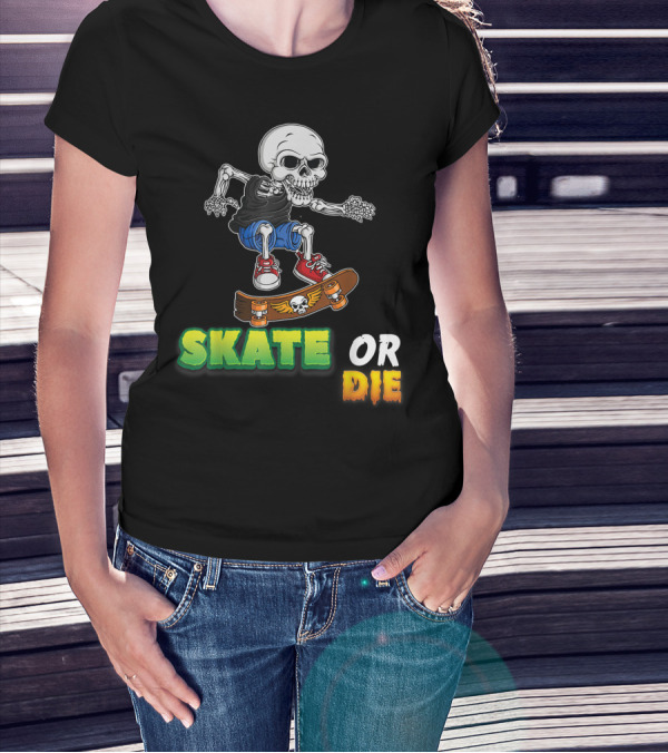 Skate Or Die Skeleton Skating Skull On Skateboard T-Shirt