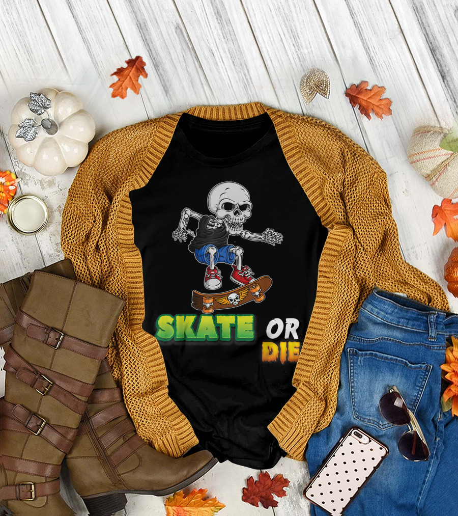 Skate Or Die Skeleton Skating Skull On Skateboard T-Shirt
