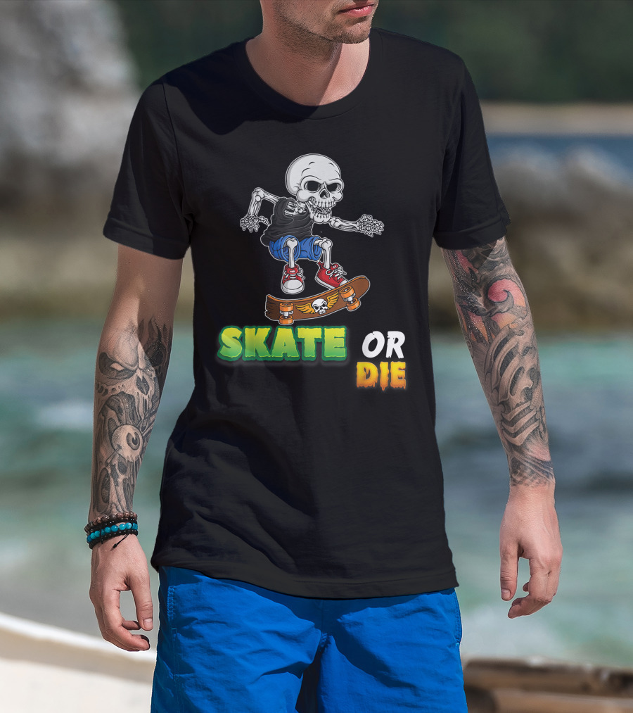 Skate Or Die Skeleton Skating Skull On Skateboard T-Shirt
