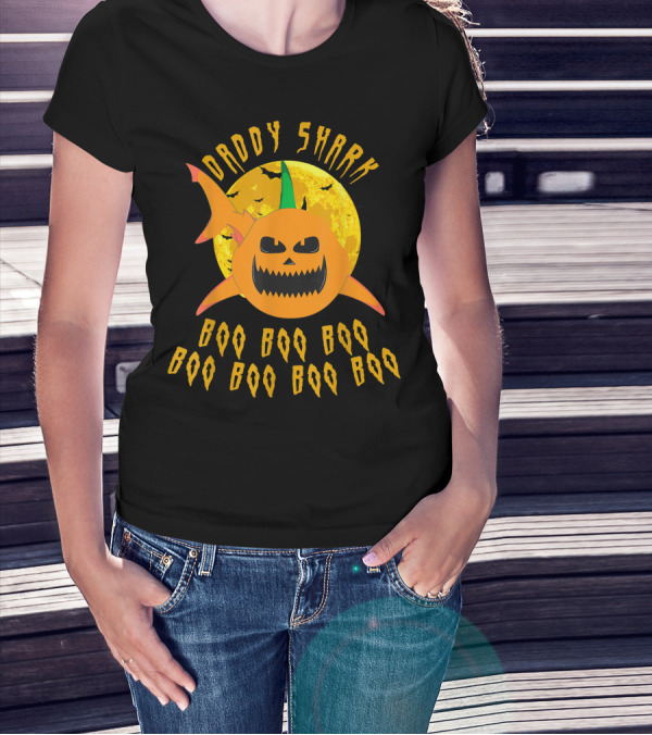 Daddy Shark Halloween Boo Boo Pumpkin Moon T-Shirt