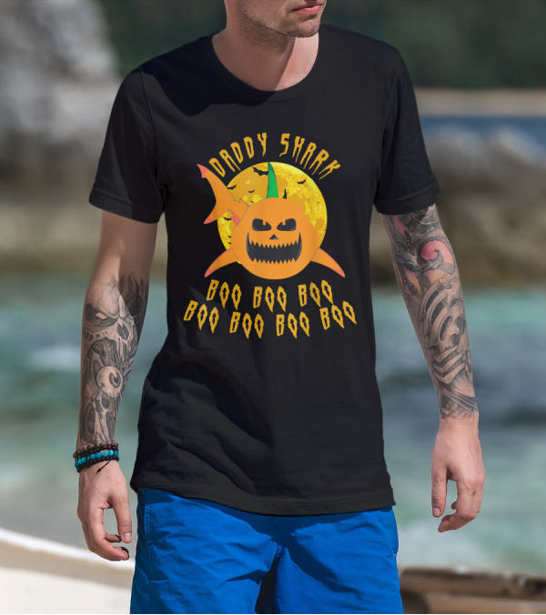 Daddy Shark Halloween Boo Boo Pumpkin Moon T-Shirt