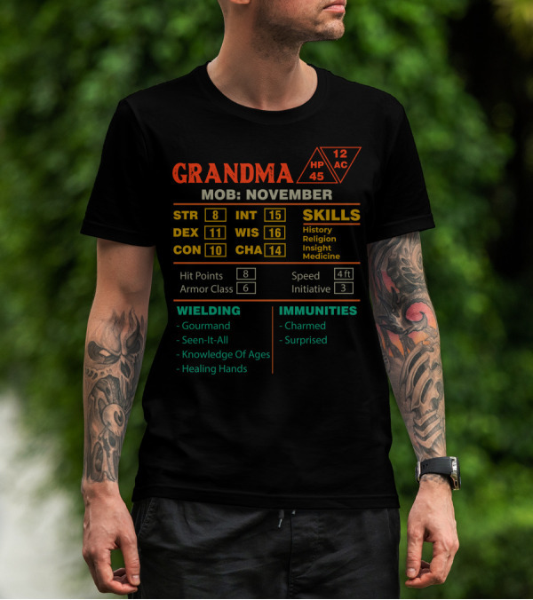 Grandma Stats Character Skills November MOB RPG Sheet T-Shirt