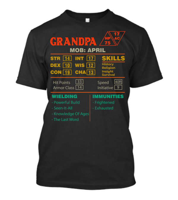 GRANDPA MOB APRIL DND STYLE CHARACTER SHEET STATS STR 14 DEX 10 CON 19 INT 17 WIS 12 CHA 13 T-Shirt