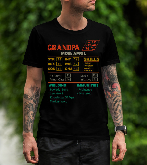GRANDPA MOB APRIL DND STYLE CHARACTER SHEET STATS STR 14 DEX 10 CON 19 INT 17 WIS 12 CHA 13 T-Shirt