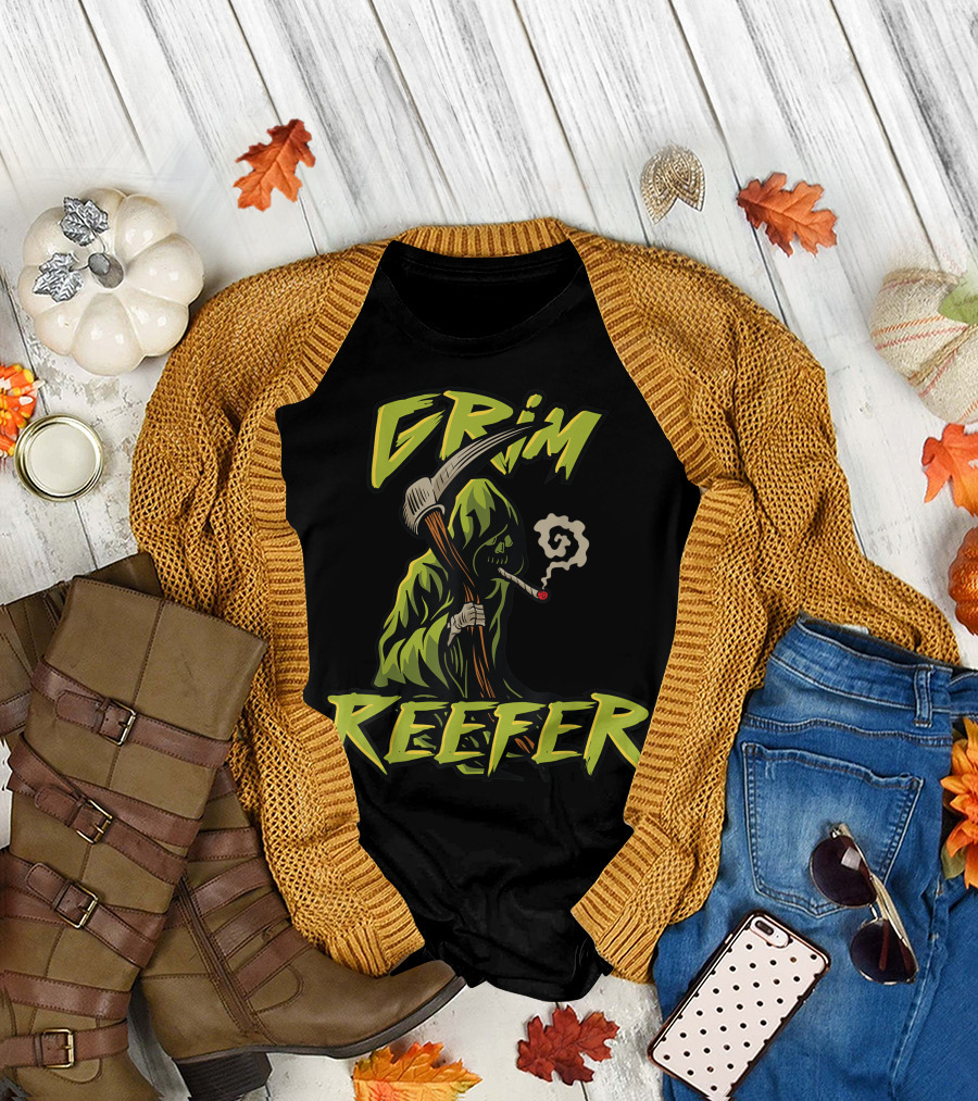 Grim Reefer Grim Reaper Smoking Weed Marijuana THC T-Shirt