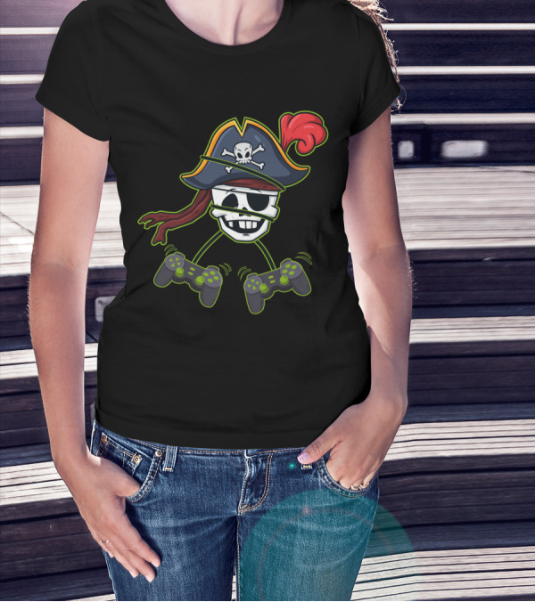Halloween Pirate Skeleton Video Gamer Controllers Playful Skull Hat T-Shirt