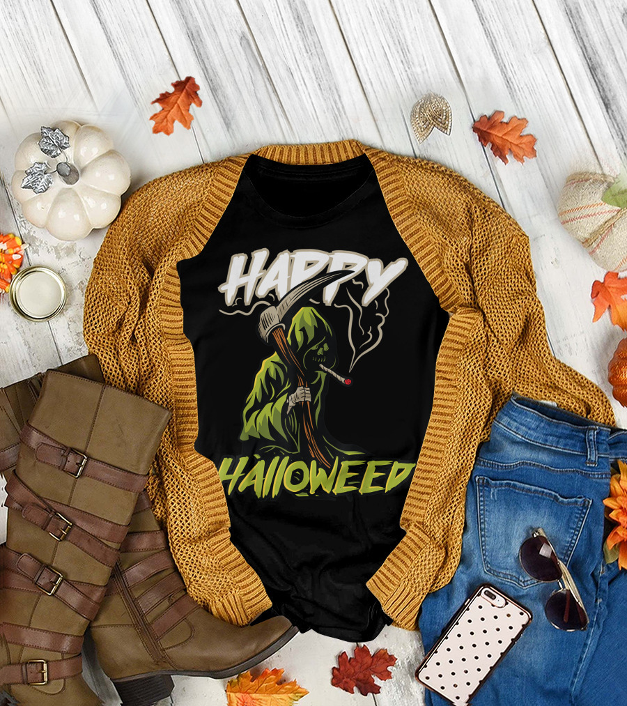 Happy Halloweed Grim Reaper Smoking Weed Cannabis T-Shirt