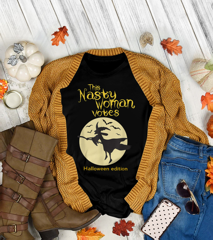 This Nasty Woman Votes Halloween Edition Feminism Witch and Bats Moon T-Shirt