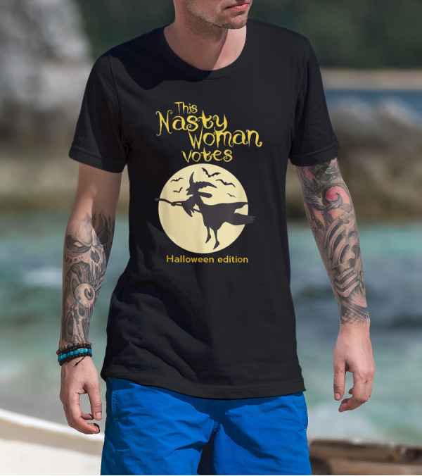 This Nasty Woman Votes Halloween Edition Feminism Witch And Bats Moon T-Shirt