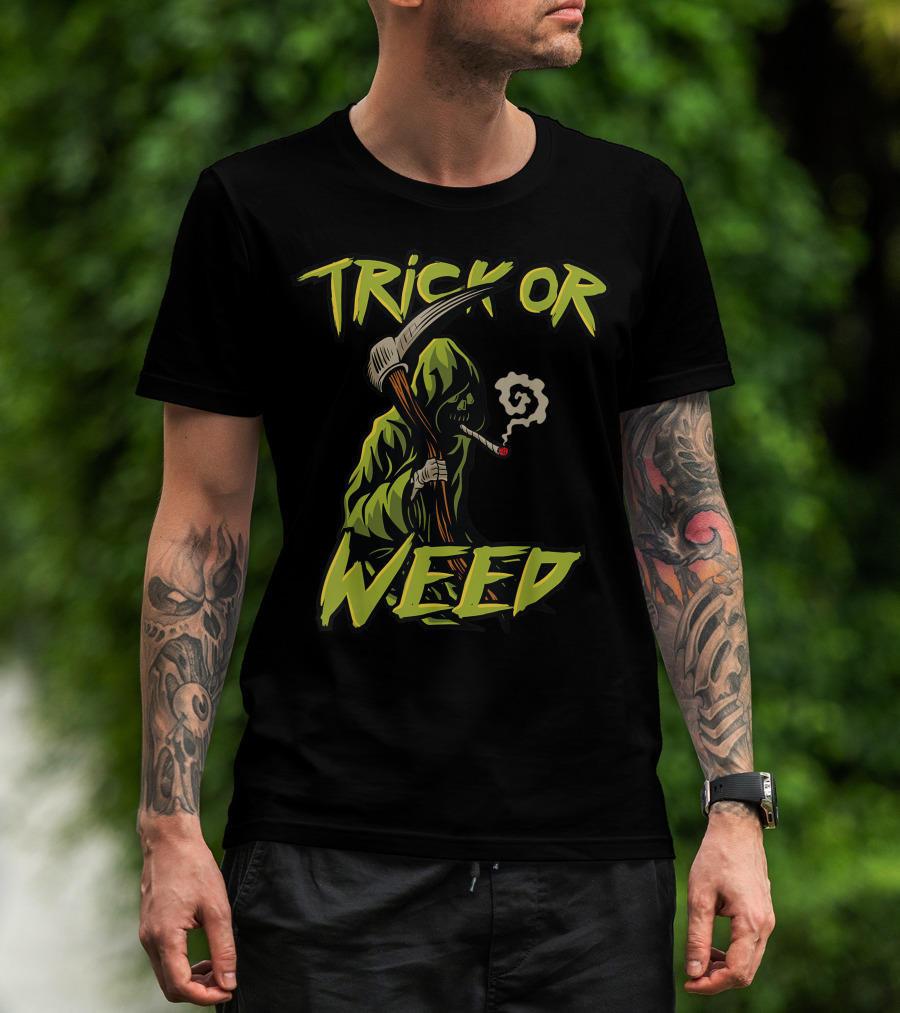 Trick Or Weed Grim Reaper Smoking Cannabis Joint T-Shirt